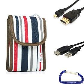 Gizmo Dorks Soft Nylon Canvas Case (Red/Blue Stripes), Mini HDMI, and USB Cable Bundle with Carabiner Key Chain for the Panasonic HM-TA20 Waterproof Pocket Camcorder