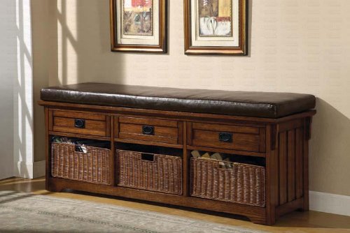 Bench/Mission Style Storage Ottoman with 3 Drawers and Baskets in Dark Brown Finish!
