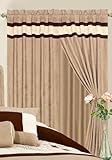 IMAGE OF A Pair of Micro Suede Taupe Brown Window Curtains / Drapes / Panels with Sheer Lining and Valance Set.
