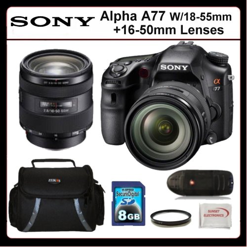 Sony Alpha A77 Kit Includes: Sony Alpha A77 Digital Camera with 18-55mm Lens and 16-50mm Lens, 8GB SDHC Memory Card, Memory Card Reader, UV Filter, SSE Microfiber Cleaning Cloth and Soft Carrying Case