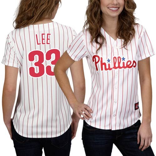 MLB Women's Philadelphia Phillies Cliff Lee White/Scarlet Pinstrp Short Sleeve 5 Button Synthetic Replica Baseball Jersey Spring 2012  (White/Scarlet Pinstrp, Small)