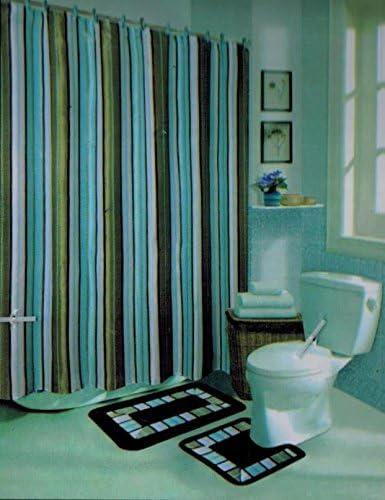 15PC BROWN BLUE STRIPE BATHROOM BATH MATS SET RUG CARPET SHOWER CURTAIN HOOKS
