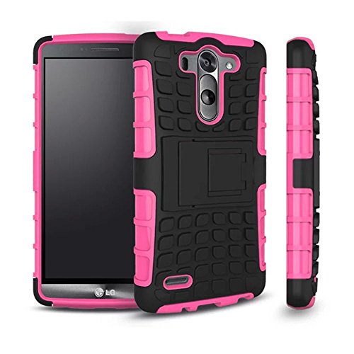 G3 Vigor/Mini Phone Case, Hongqing Shop 2 in 1 Tire Thread Slim Fit Dual Layer with Kickstand, PC Hard Armor Back Combine Muiti-color Option Soft TPU Inner Protective Cover Case for LG G3 Vigor/Mini 5 Inch Screen Smartphone (Hot Pink)