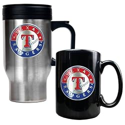 Texas Rangers MLB Stainless Steel Travel Mug & Black Ceramic Mug Set - Primary Logo by Great American Products