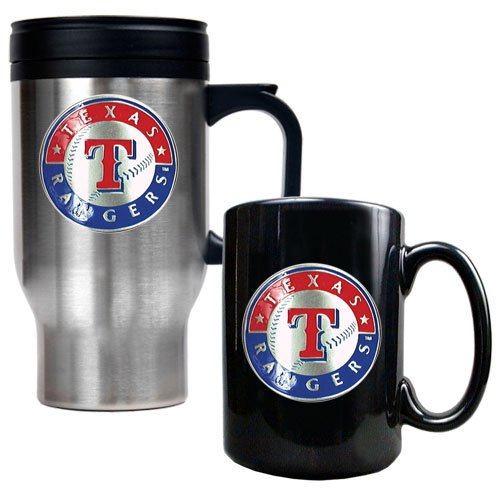 MLB Texas Rangers Stainless Steel Travel Mug & Black Ceramic Mug Set - Primary Logo
