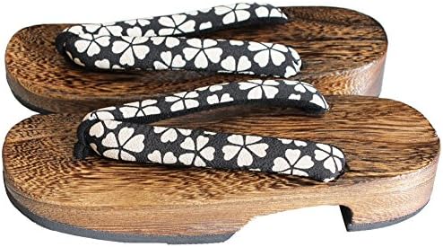 Women's Kiri Geta Dark Brown Wooden Sandal with Beige Ume Toe Straps US Size 5.5-6.5 (23-24cm)