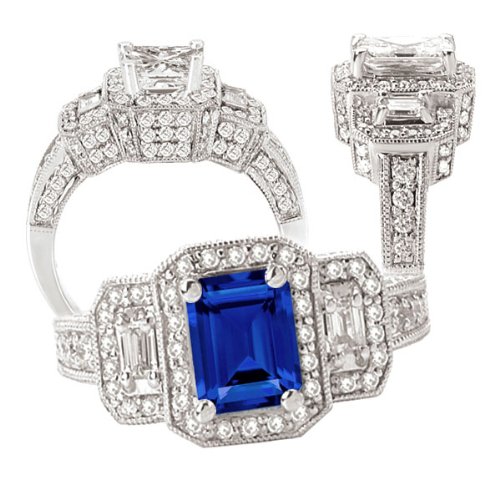 18k Chatham 7x5mm emerald cut blue sapphire engagement ring with diamond halo