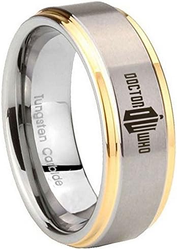 10MM Tungsten Carbide Dr Who Doctor Time Design Bad Wolf 14K Gold IP Two Tone Engraved Ring Size 14