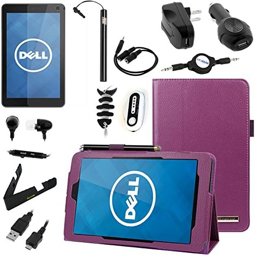 BIRUGEAR 12 Items Essential Accessories Bundle kit for Dell Venue 8 - 8'' Android Tablet ( Purple SlimBook Leather Folio Stand Case Cover included )