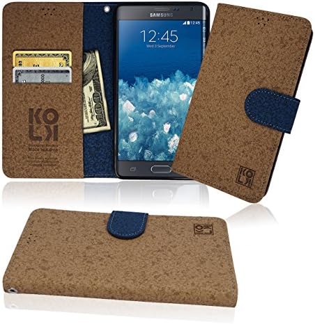 Note Edge Cork Wallet Case, ID / Credit Card 1 Cash Slot, Power Magnetic Clip For Samsung Galaxy NoteEdge Cover Flip Diary 2 Tone (Beige with Navy)