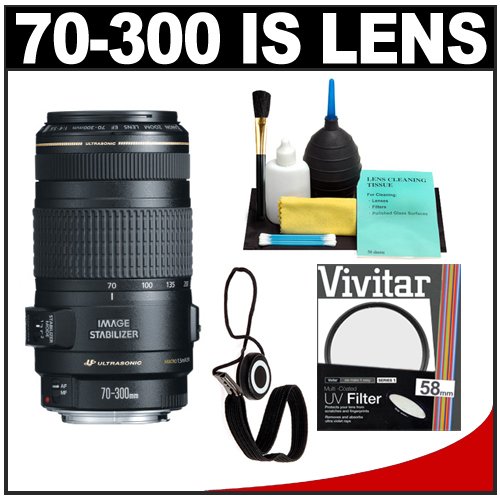 Canon EF 70-300mm f/4-5.6 IS USM AF Lens + UV Filter + Accessory Kit for EOS 60D, 7D, 5D Mark II III, Rebel T3, T3i, T4i Digital SLR Cameras