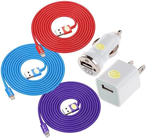 6 Ft Top Quality Heavy-Duty Tangle-Free USB 2.0 to 8 Pin Apple Lightning Cable + Wall Travel Charger Car Charger for iPhone 6, 6Plus, 5, 5c ,5s, iPad 4, iPad mini, iPod nano 7, iPod 5G (red.blue.purple)