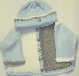 Ck2, Knitted on Hand Knitting Machine Blue Natural Grey Chenille Finished By Hand Crochet with Three Color Chenille Cardigan Hat Set Trimmed with Antique Brass Teddy Bear Buttons