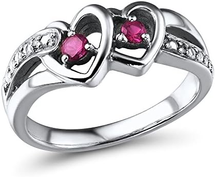 Lab Created Ruby Heart Ring with Diamond Accent in Rhodium Plated Sterling Silver
