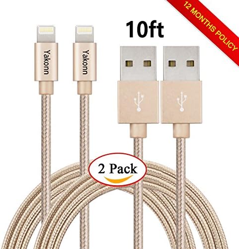 GreatYakonn 2 Pack 10ft Lightning Cable Nylon Braided Charging Cable Extra Long USB Cord for iphone 6s, 6s plus, 6plus, 6,5s 5c 5,iPad Mini, Air,iPad5,iPod on iOS9. With Aluminum Connector.(Gold)