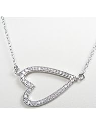 Sideway Heart Necklace w. Clear CZ Rhodium over Sterling Silver 16" + 2" Ext