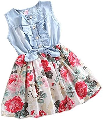 Aycliny Girls Princess Dress Denim Skirts Bow Flower Ruffled Cute Sundress