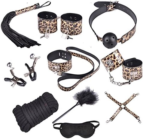 12 Pcs Leopard Bondage Kit Fetish Set For Lovers Set Cuffs Gag Whip Chains -