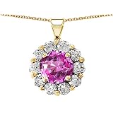 1.70 cttw 14K Yellow Gold Plated 925 Sterling Silver and Created Round Pink Tourmaline Pendant -...