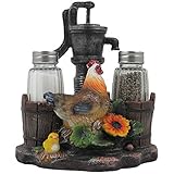 Farm Chicken and Old Fashioned Water Pump Glass Salt and Pepper Shaker Set with Holder Figurine in Country Kitchen Rooster Decor, Sculptures and Statues and Rustic Gifts for Farmers