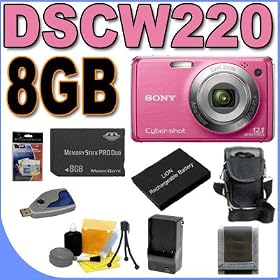 Sony Cybershot DSC-W220 12.1MP Digital Camera w/ 4x Optical Zoom and Super Steady Shot Image Stabilization (Pink) 8GB BigVALUEInc Accessory Saver NPBG1 Battery/Rapid Charger Bundle + MORE