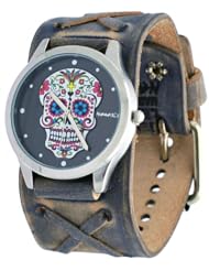 Nemesis #FXB925K Womens Rock Collection Sugar Skull Grey Wide Leather Band Watch