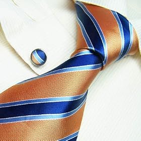 9351 NEW Y&g Designer Italian Style Hand Made Orange Blue Stripes 100% Jacquard Woven Pure Silk Mens Neck Tie and Cuff Links Gift Set Match Any Shirt for Business Men for Every Day Use