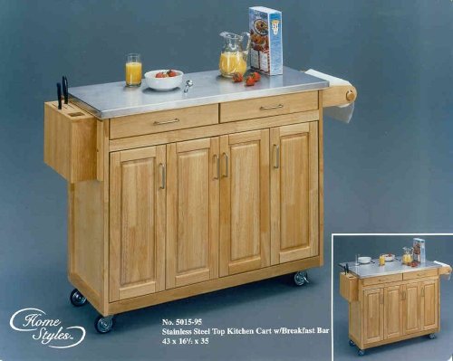 Stainless Steel Top Natural Kitchen Cart with Breakfast Bar