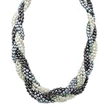 Platinum Gray, Peacock, White Freshwater Cultured Pearl Braided 9-Row Necklace with Sterling Silver Extender Clasp