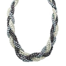 Platinum Gray, Peacock, White Freshwater Cultured Pearl Braided 9-Row Necklace... by