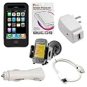 GTMax USB Rapid Car Charger + USB Home Travel Charger + USB Data Cable + Black Silicone Soft Cover Case + LCD Screen Protector + Black Universal Soft Gel Headset + Universal Car Mount Holder for AT&T Apple iPhone 3G / 3GS