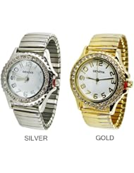 Geneva Platinum Women Rhinestones Round Face Stretch Band Watch Bracelet -Silver