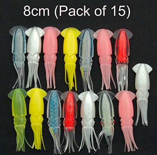 JSHANMEI ® Mixed Colors Glow in Dark Luminous Squid Skirts Soft Lures Bait Fishing Tackle Trolling Octopus Lures Hoochies (8cm (pack of 15))