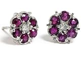 14K White Gold Flower Stud Earrings 7MM, Enhanced with Pink Sapphire and Prong Set Diamonds