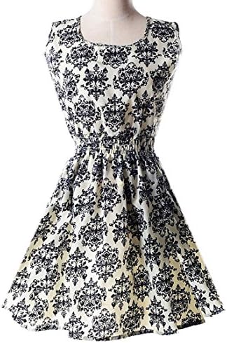 Azbro Women's Vintage Floral Print Sleeveless A-Line Skater Dress