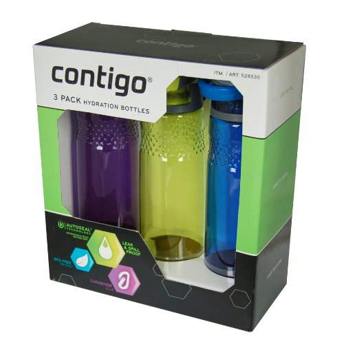 Contigo 24-Ounce Cuff 3-Pack Water Bottle Set, Purple/Citrus/Blue