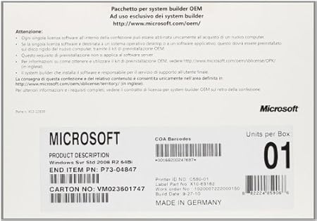 Microsoft  Windows Server Standard 2008, SP2, 64bit, 1-4CPU, 5 CLT, OEM, IT