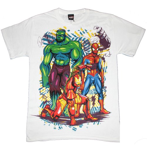  MARVEL TEAM "THE TRI-HEROES - HULK, SPIDERMAN, IRON MAN" LICENSED WHITE COTTON TEE