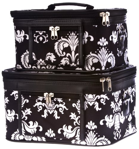 Black White Damask Makeup Train Cases with Mirror 2 Piece Cosmetic Set