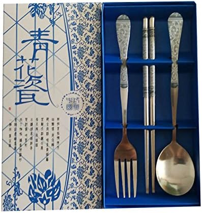 3pcs Set Stainless Steel Chopsticks Spoon and Fork Set for Gift - Chinese Style Blue and White Porcelain