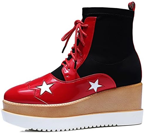 Womens Flat Leather Shoes Lace Up High Platform Round Toe Stars Wine-red Mid-calf Warm Martin Boots EU39