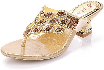 Unicoratha Women's Fashion Crystal Rhinestone Block Heel Prom Dress Sandal Slip On Flip Flops Gold 7.5 M US