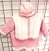 Hand Knitted Crochet Finished Baby Pink and Raspberry Chenille Cardigan Hat Set with Matching Large Blanket Size 31x45