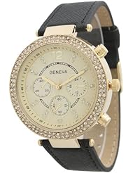 Womens Geneva Dual Stone Leather Watch - Black