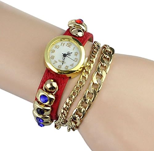 Tonsee(TM) 1PC Leather Bracelet Woman Rhinestone Bracelet Quartz WristWatch (Red)