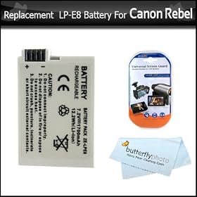 Replacement Battery For Canon LP-E8 1500MAH For The Canon Rebel T2i 550D, T3i, EOS 600D DSLR Digital Camera + Free LCD Screen Protectors Bundle + ButterflyPhoto MicroFiber Cleaning Cloth: Camera &amp; Photo