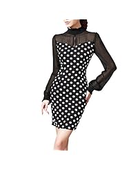 Chiffon/Polyester Fitted Long Sleeves Round Neck Dots Print  Dress with a Brush/Sweep Train 