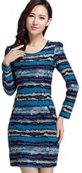 Cotton/Polyester/Wool Striped Print Round Neck  Dress