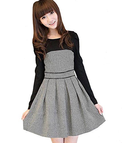 (R-Dream) お嬢様 ワンピース ドレス ハイウエスト 胸元切り換え 千鳥柄 長袖 Aライン ワンピ