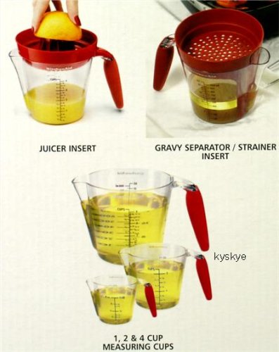 Red KitchenAid 5-PIECE MEASURING SET Citrus juicer insert and Gravy separator/strainer insert Kitchen Aid